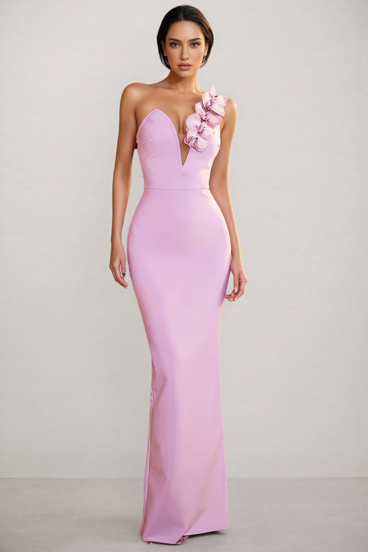 One Shoulder 3D Floral Deep V-Neck Mesh Insert Bodycon Maxi Gown