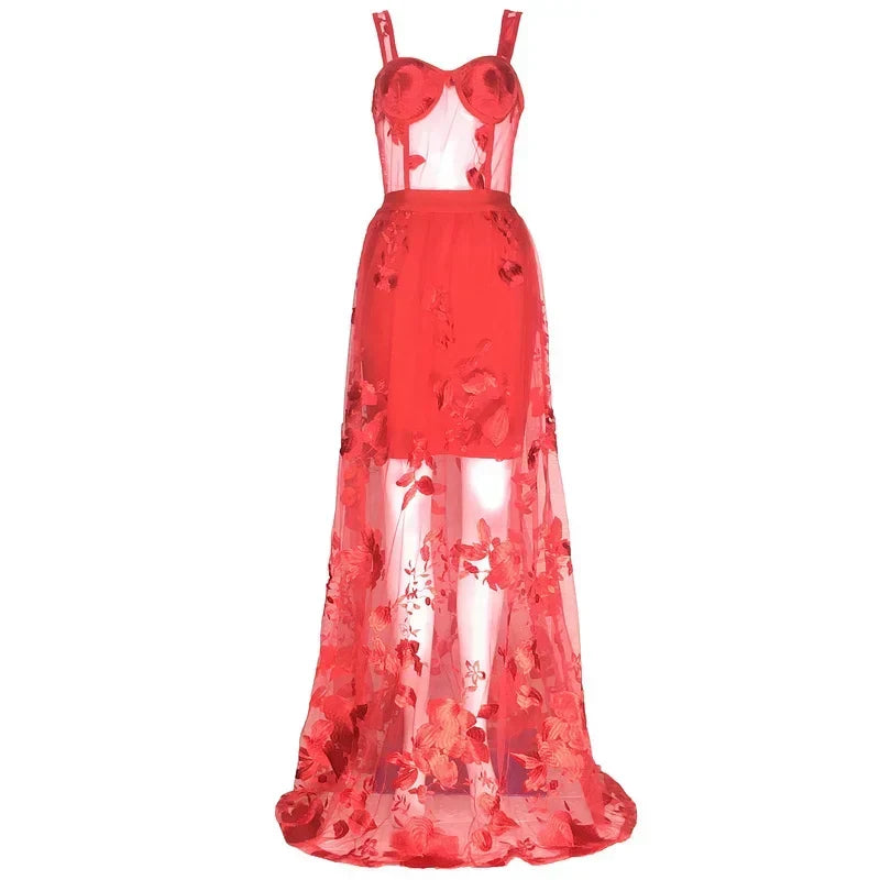 Red Color Celebrity Fashion Sleeveless Sexy Backless Lace Long Dress Christmas Party / S Dresses-L