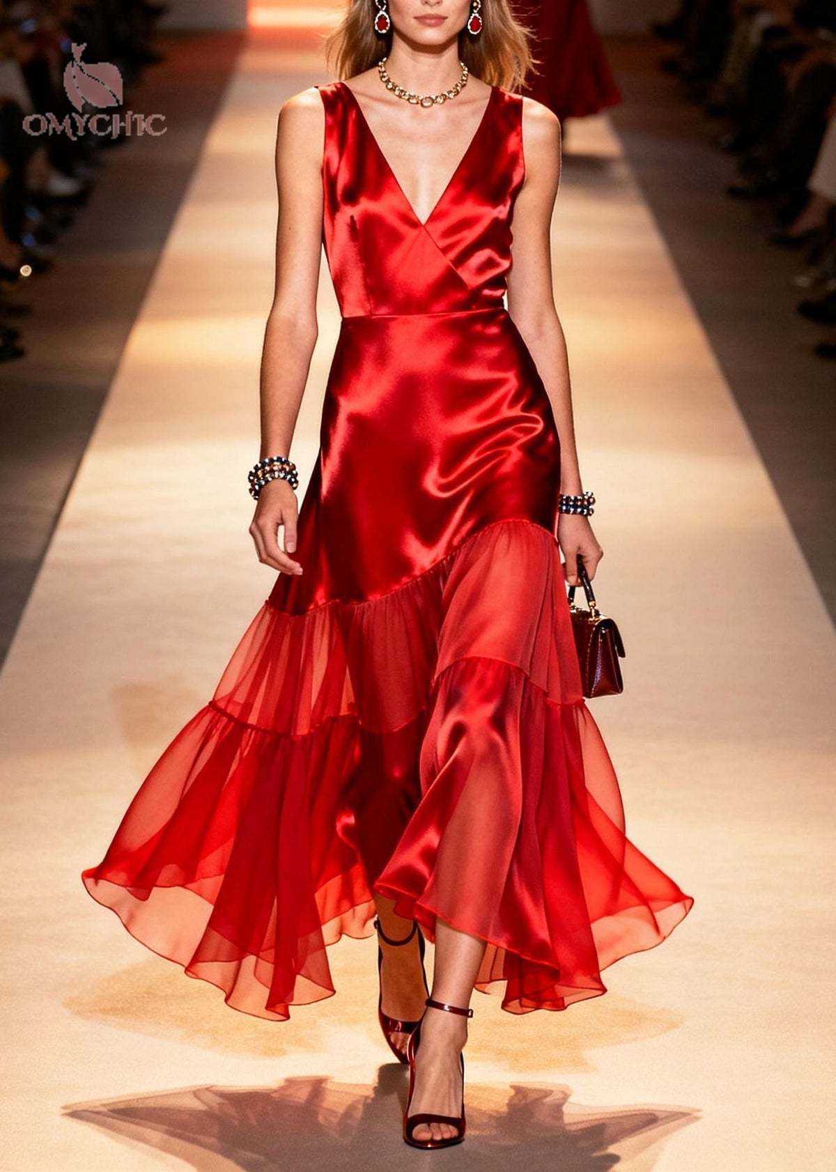 Satin Deep V-Neck Sleeveless Tiered Ruffle Chiffon Overlay Gown