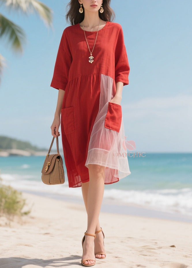 Round Neck Elbow Sleeve Patch Pocket Tulle Panel Midi Dress - View 5