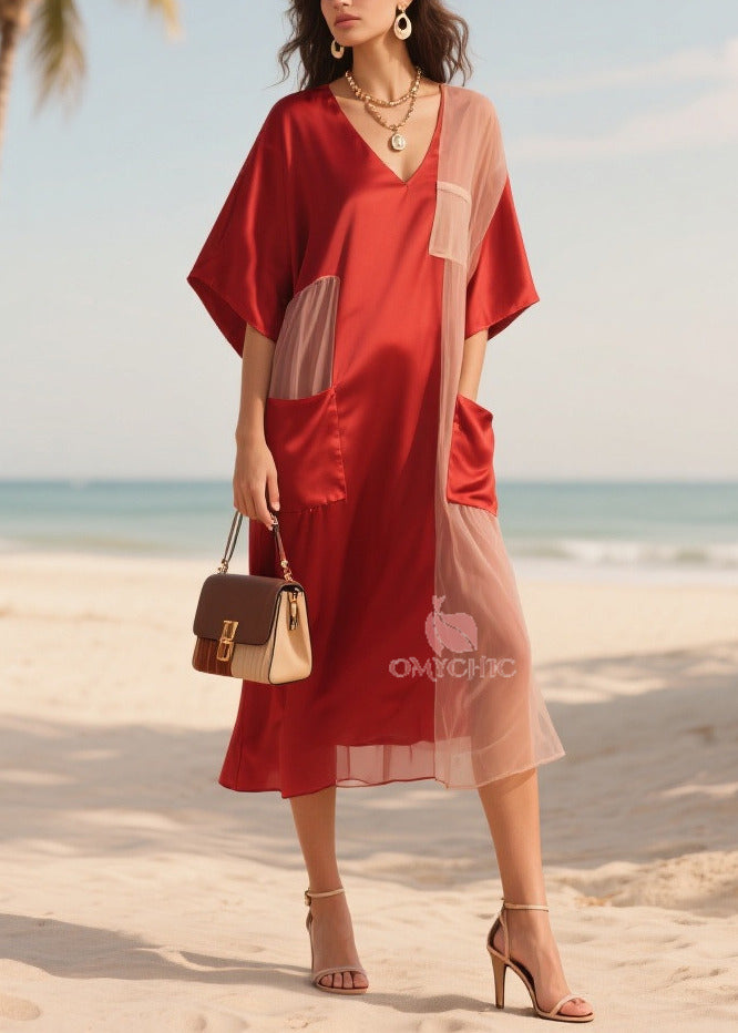 Mesh Side Panel Deep V-Neck Kimono Sleeve Patch Pocket Midi Dress - View 5