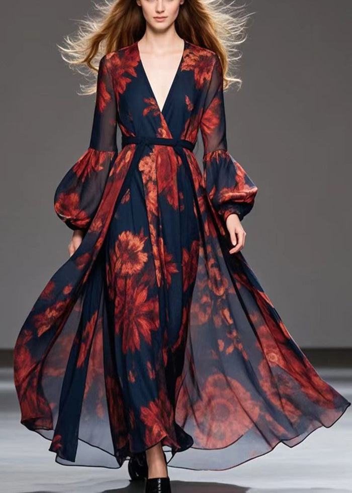 Floral Print Deep V-Neck Wrap Bishop Sleeve Tie Waist Maxi Gown