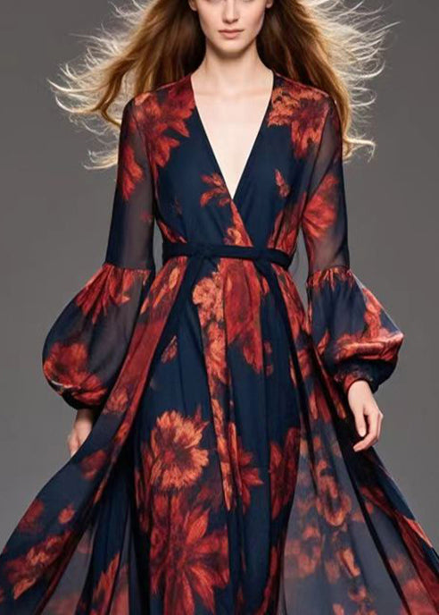 Floral Print Deep V-Neck Wrap Bishop Sleeve Tie Waist Maxi Gown - View 2