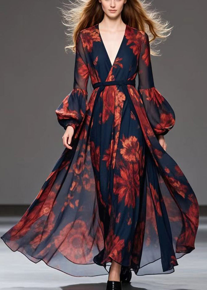 Floral Print Deep V-Neck Wrap Bishop Sleeve Tie Waist Maxi Gown - View 3