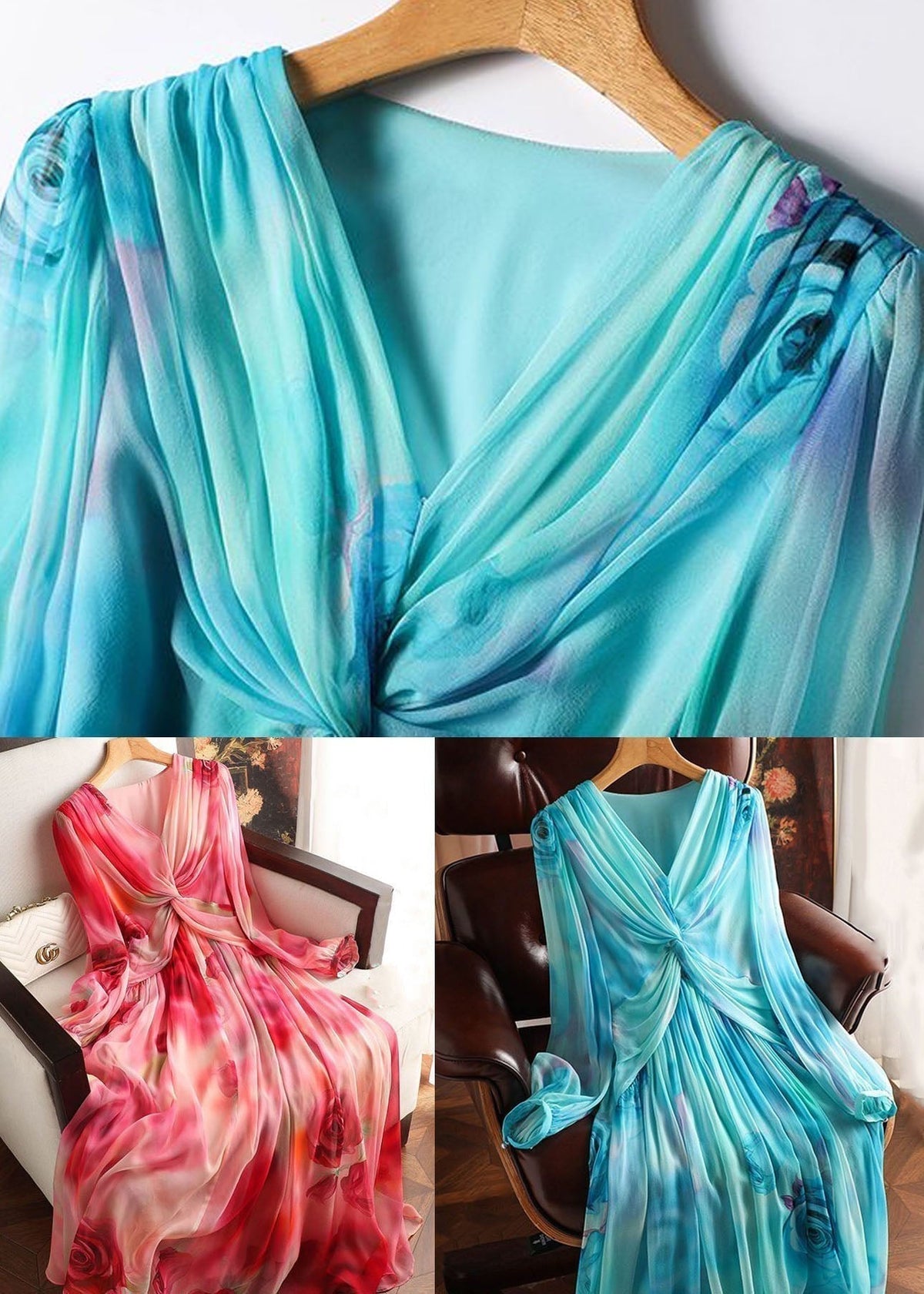 Floral Print Deep V-Neck Long Sleeve Twist Front Flowy Maxi Dress - View 4