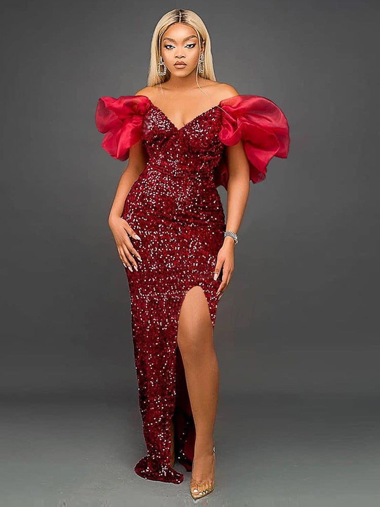 Sequin Off Shoulder Puff Sleeve V-Neck High Split Mermaid Gown - View 8