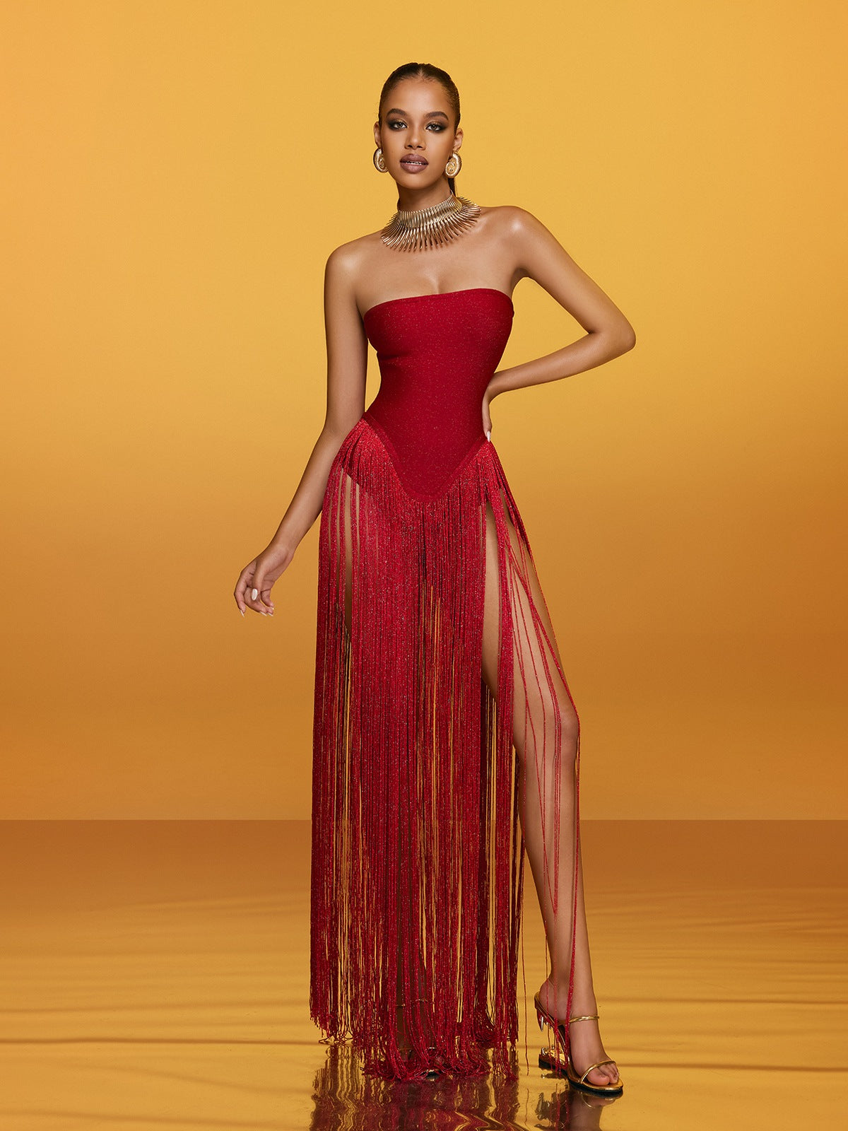 Strapless Fringe Bandage Maxi Dress