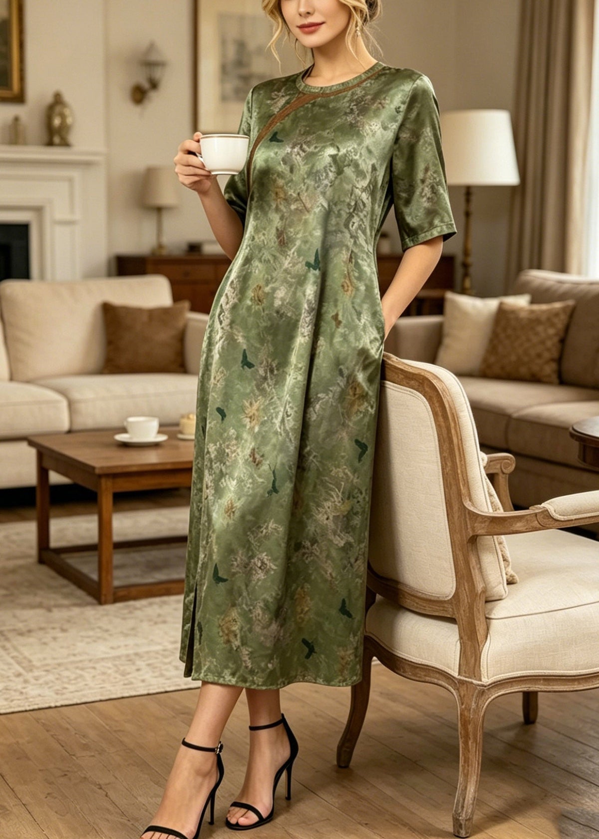 Butterfly Print Round Neck Cheongsam Trim Short Sleeve Midi Dress - View 5