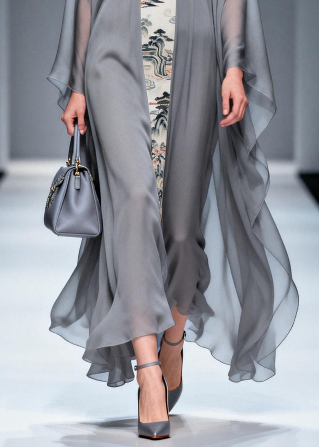 Retro Grey V Neck Patchwork Print Chiffon Maxi Dress Summer - View 4