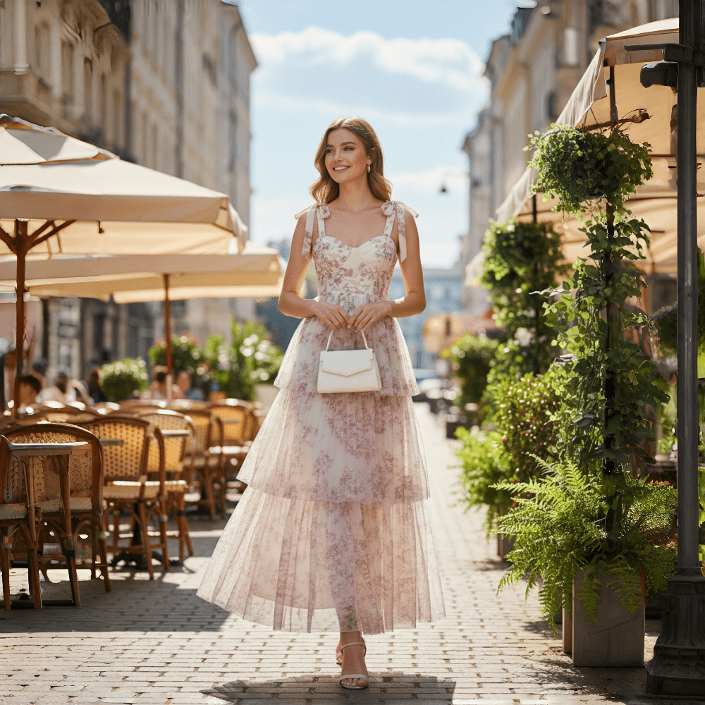 Floral Tulle Sweetheart Tiered Midi Dress