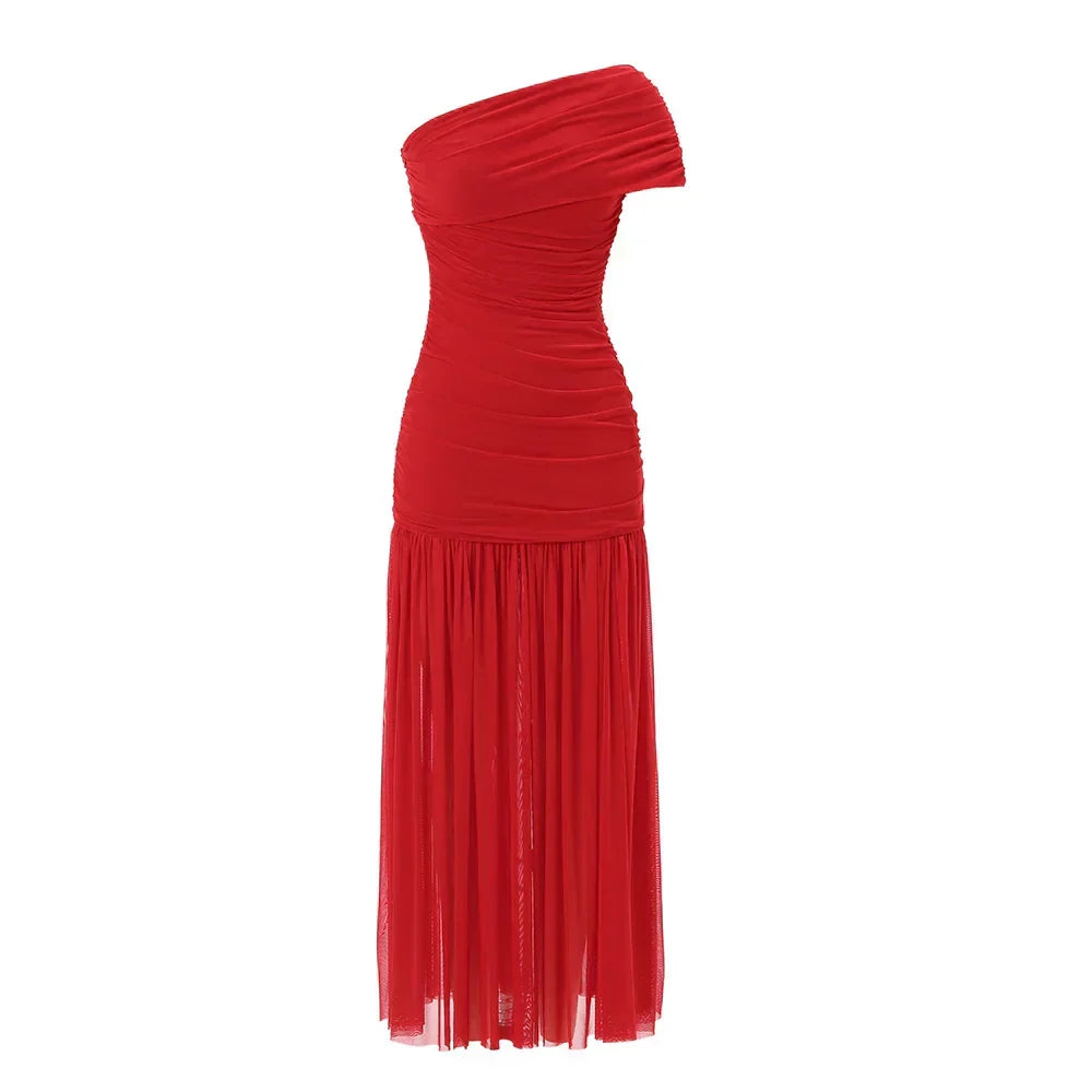 One Shoulder Mesh Solid Maxi Dress - View 4