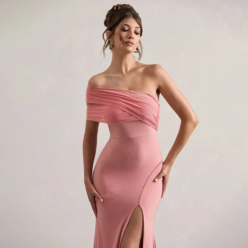 Solid One Shoulder Mesh Slit Long Dress - View 5