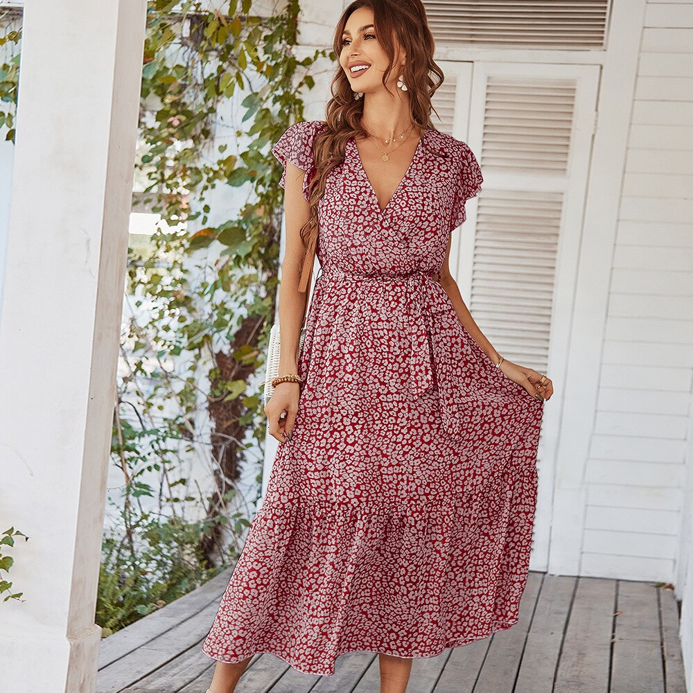 V-Neck Flutter Sleeve Leopard Print Tiered Maxi Dress 6