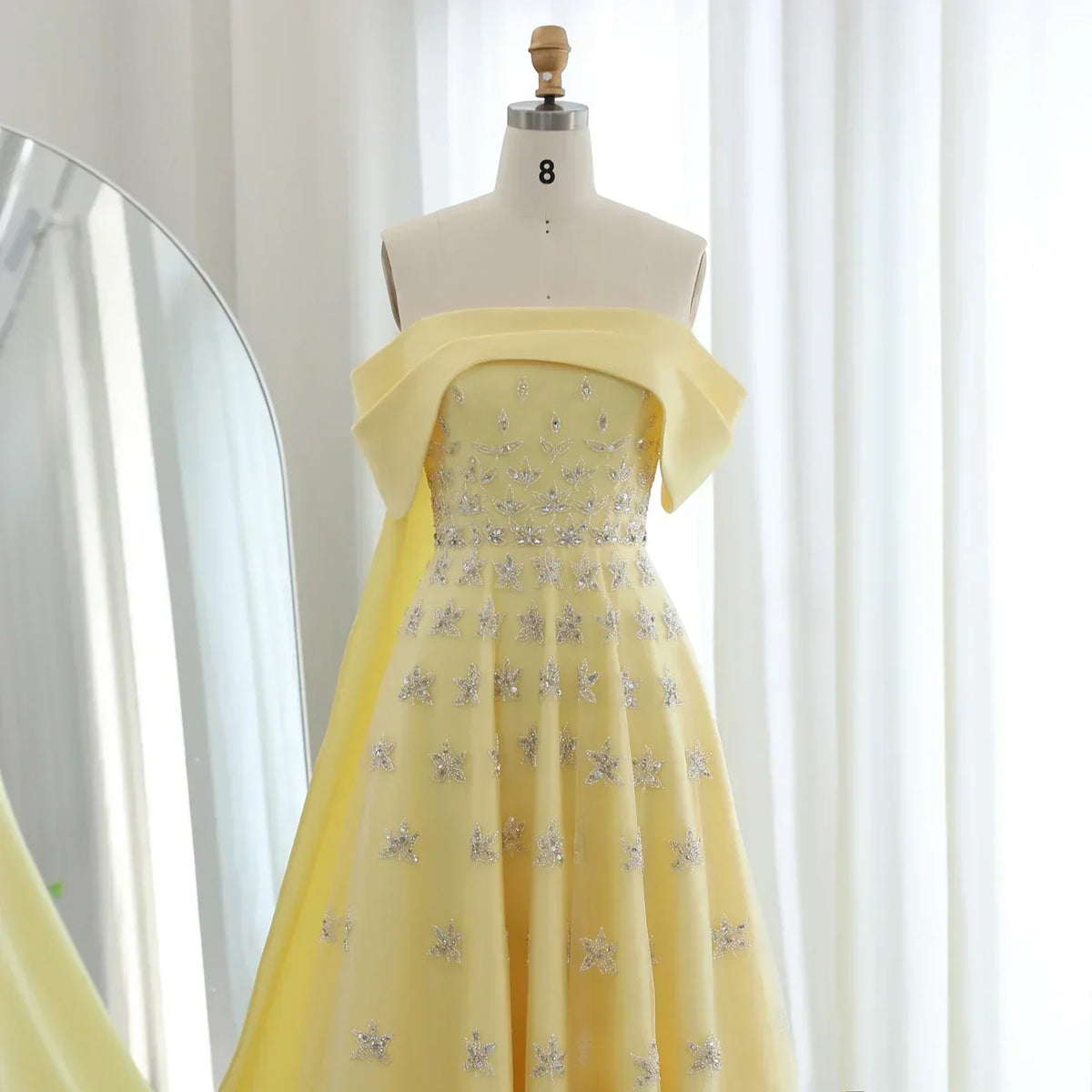 Off Shoulder Rhinestone Floral Beaded Tulle Cape A-Line Maxi Gown - View 3