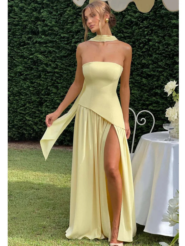 Strapless Scarf Neck High Split Satin Maxi Dress - View 2
