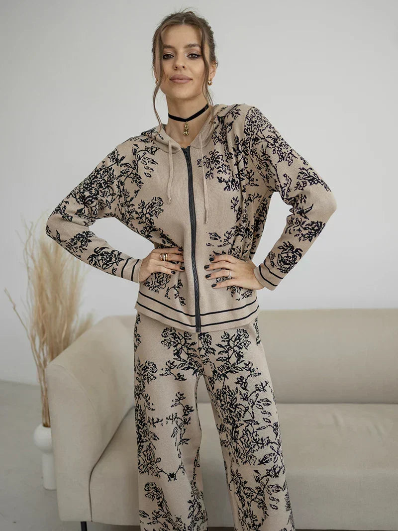 Hooded Zip Front Floral Knit Cardigan and Wide Leg Pants Two Piece Set 4