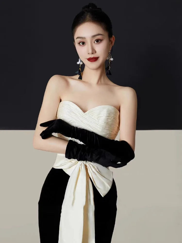 Velvet Strapless Sweetheart Bow Waist Patchwork Mermaid Maxi Gown - View 2