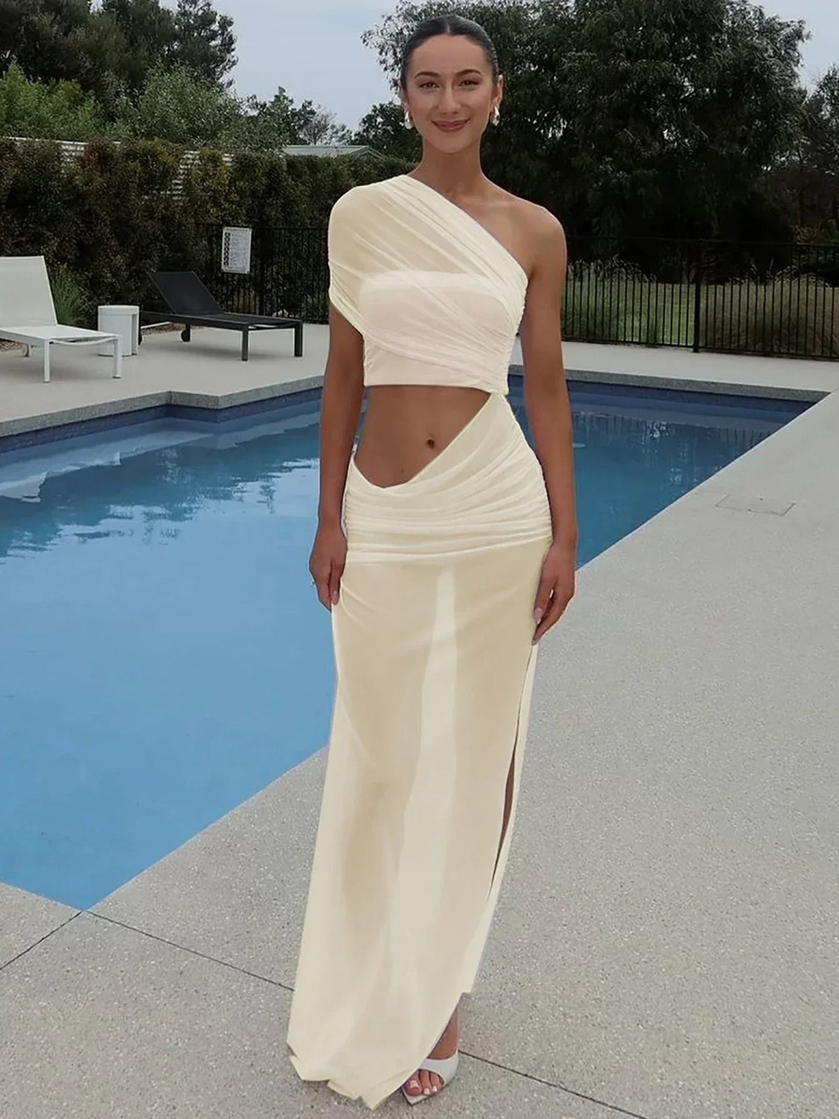 Mesh One Shoulder Ruched Maxi Dress - View 4