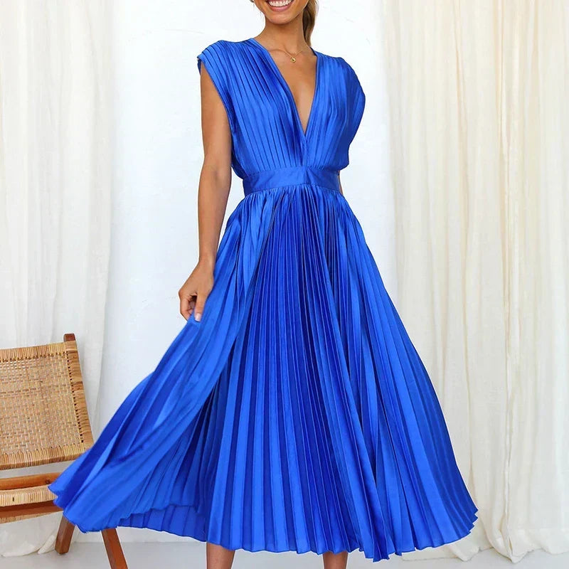 Deep V-Neck Cap Sleeve Pleated Flared Midi Dress 6
