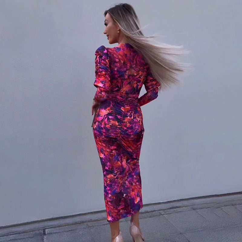 Deep V-Neck Puff Sleeve Ruched Floral Bodycon Midi Dress - View 5