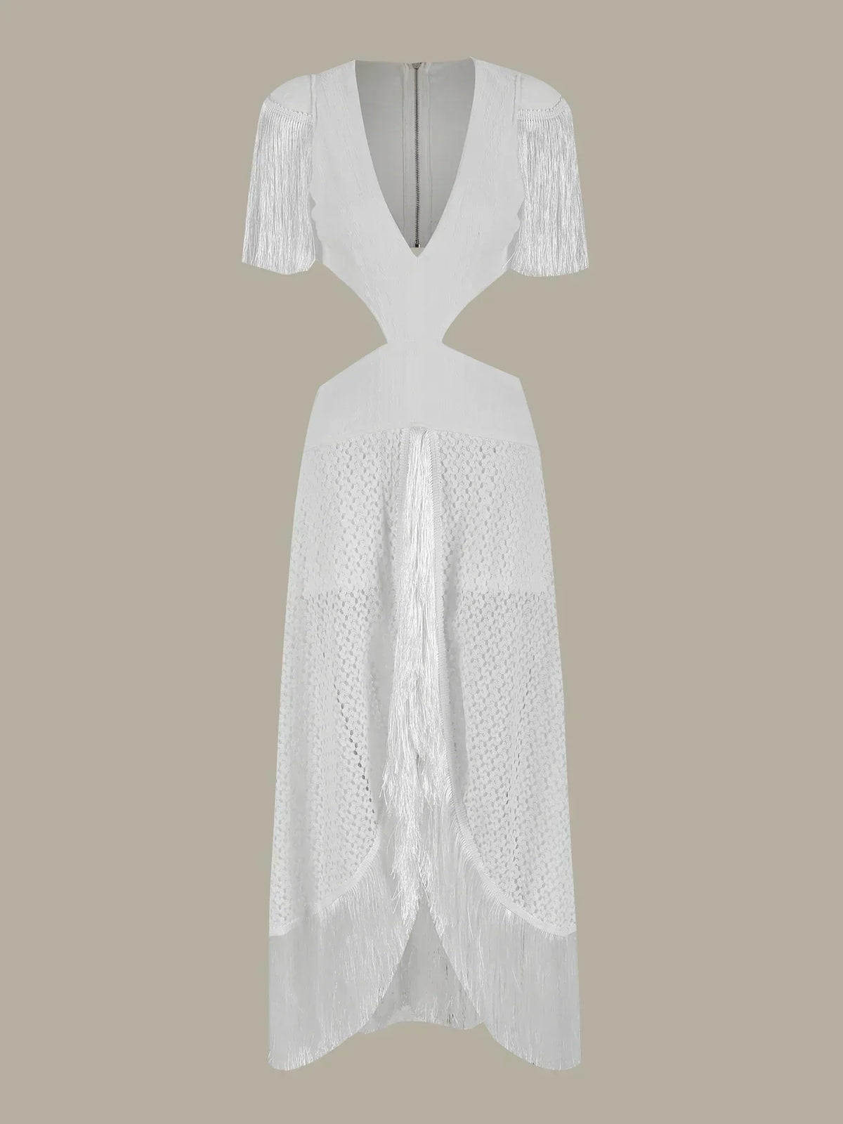 Crochet Knit Deep V-Neck Waist Cut Out Fringe High Split Maxi Dress - View 4