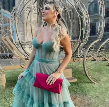 Strapless Sweetheart Corset Tiered Ruffle Tulle Maxi Gown - View 6