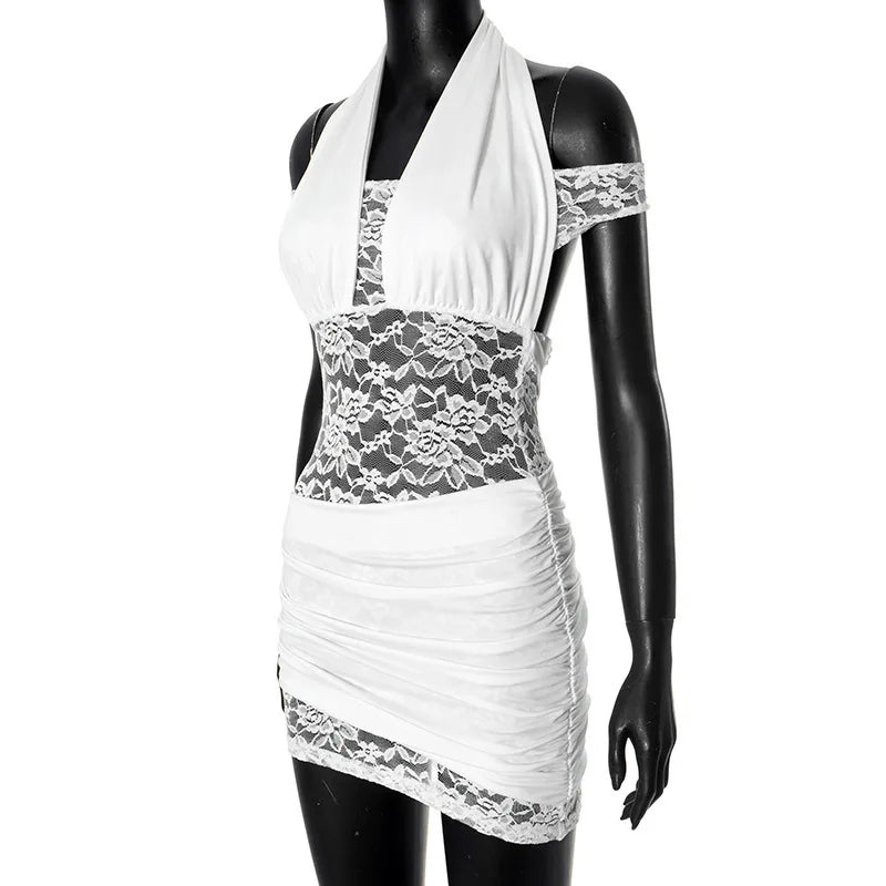 Lace Halter Neck Off Shoulder Ruched Bodycon Mini Dress - View 6