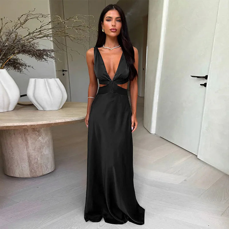 Satin Deep V-Neck Side Cut Out Waist Maxi Party Dress - View 6