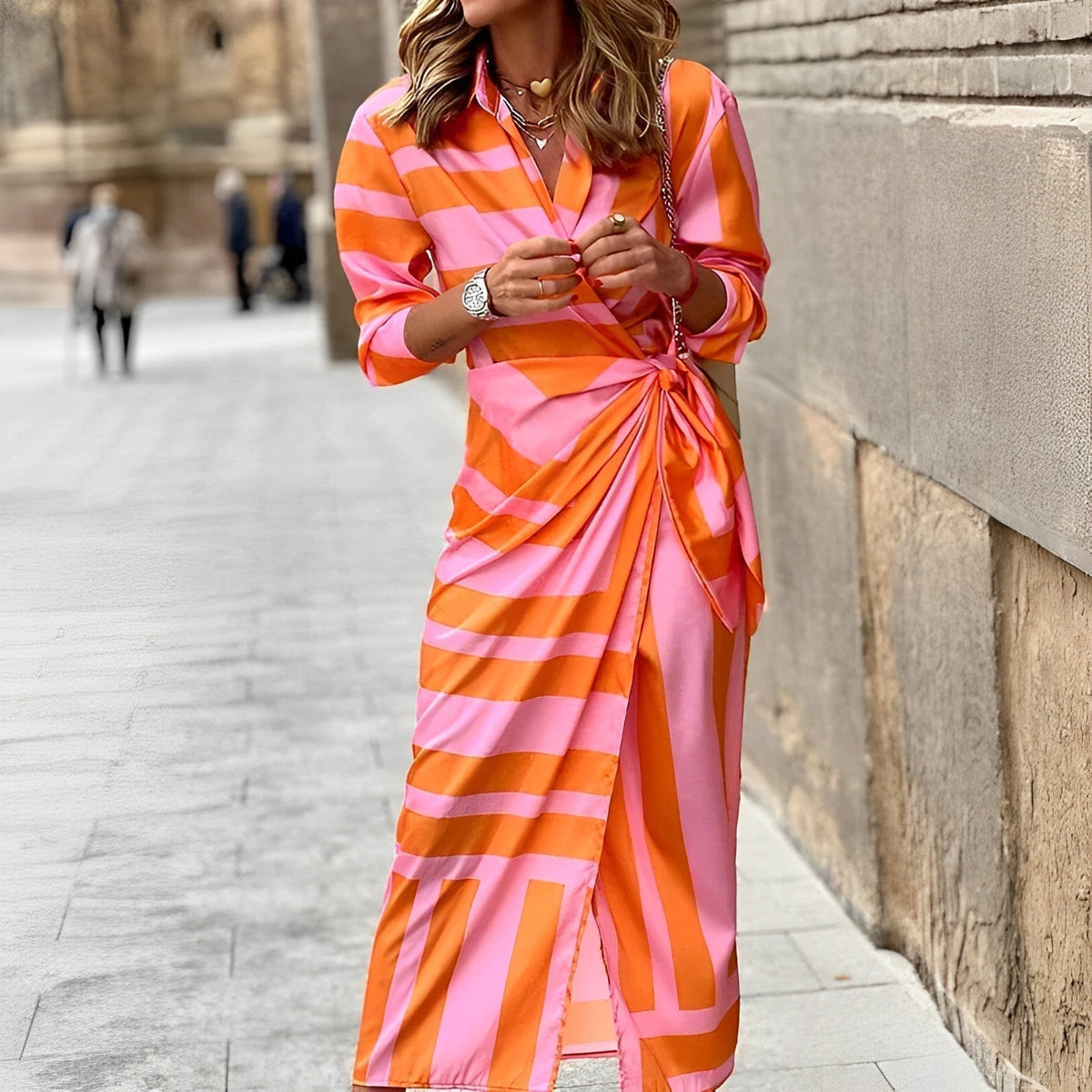 Collared Deep V-Neck Wrap Knot Waist Long Sleeve Maxi Shirt Dress