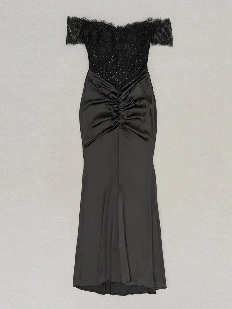 Lace Corset Off Shoulder Sweetheart Ruched Front Maxi Gown - View 8