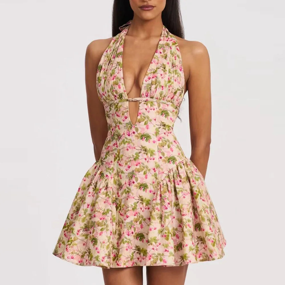 Animal Print Halter Deep V-Neck Fit and Flare Mini Dress - View 3