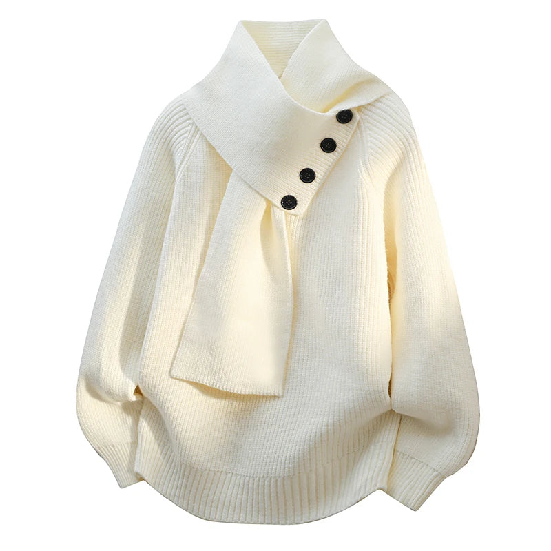 Scarf Neck Button Detail Ribbed Knit Sweater