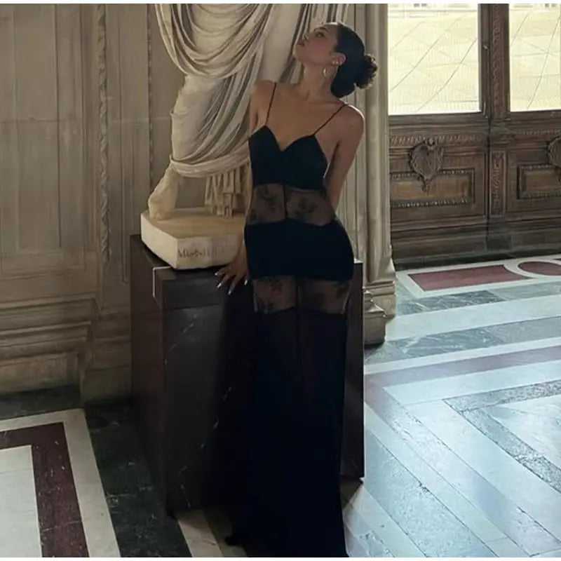 Halter Deep V-Neck Lace Panel Sheer Insert Sleeveless Maxi Gown - View 15