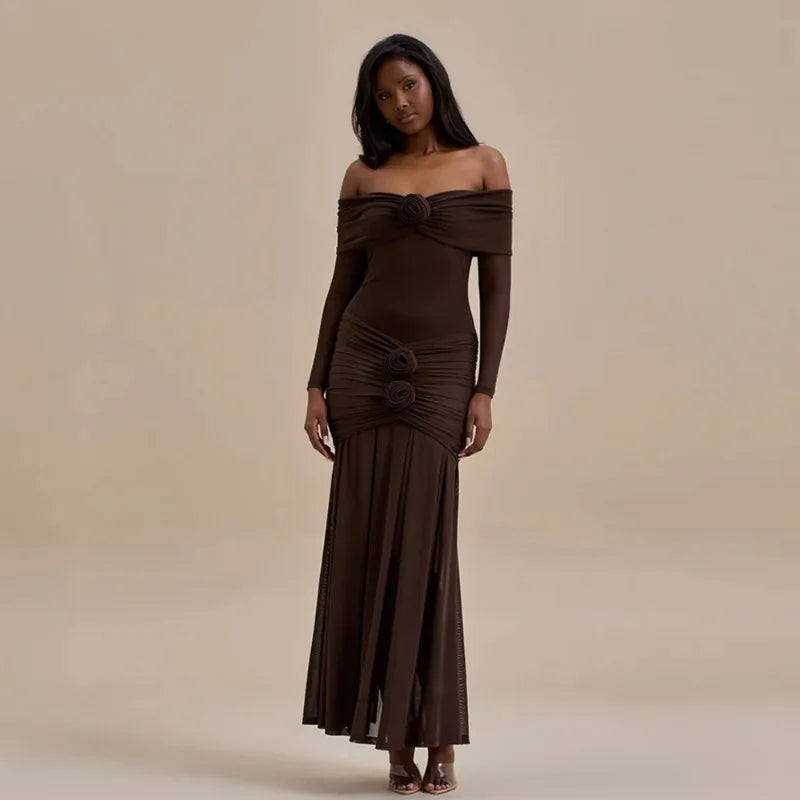 Off Shoulder Long Sleeve Rosette Mermaid Gown - View 13