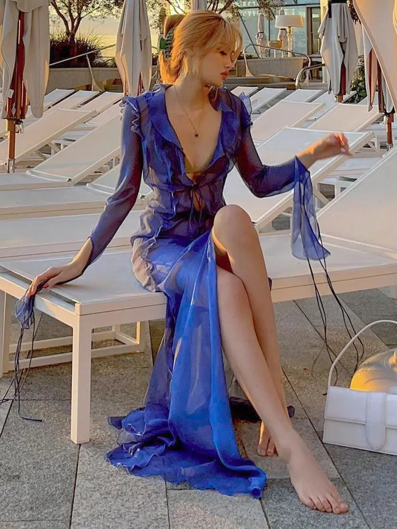 See Through Mesh Tie Up Midi Dress - View 5