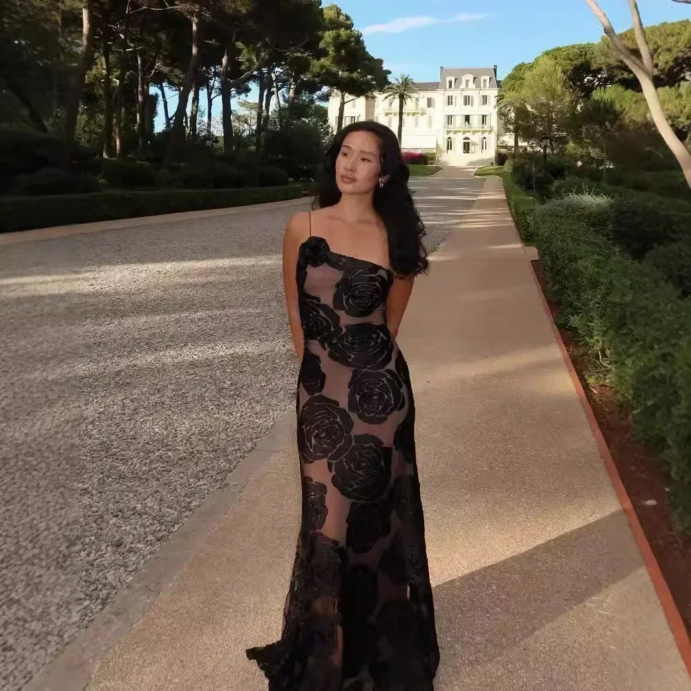 One Shoulder Mesh Flower Floral Dress - View 3
