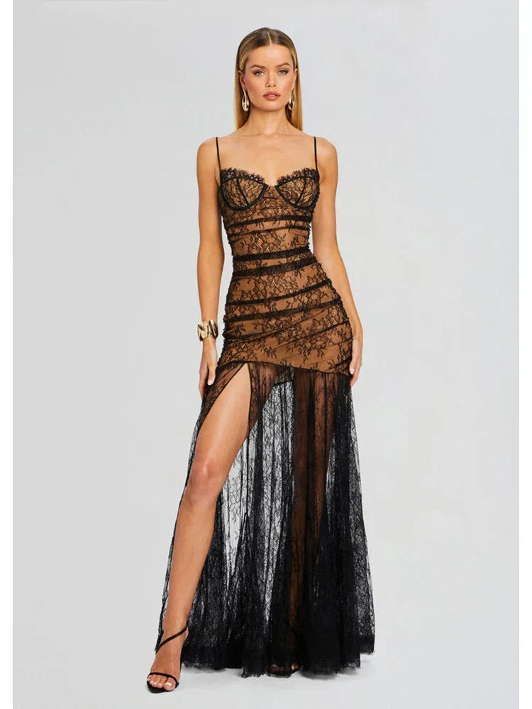 Spaghetti Strap Folds Split Elegant Lace Dress - View 2
