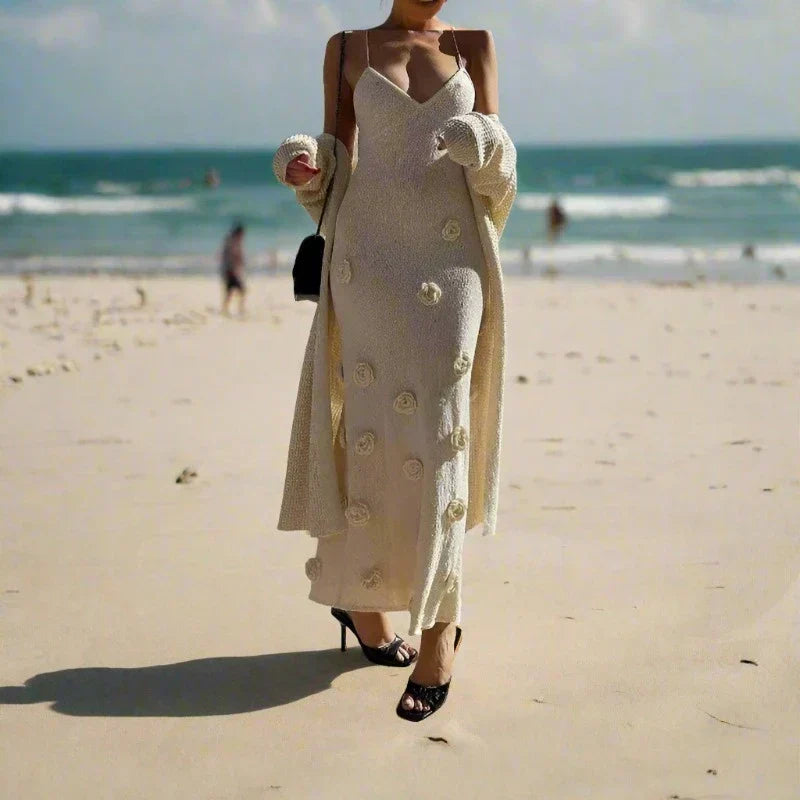 Knit V-Neck Spaghetti Strap Floral Applique Mermaid Maxi Dress - View 7