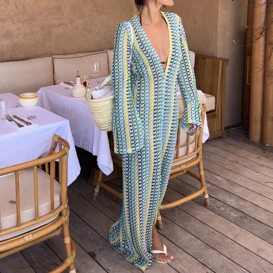 Crochet Deep V-Neck Bell Sleeve Scalloped Knit Maxi Dress - View 6