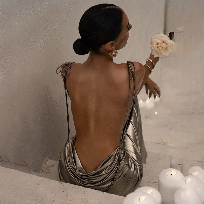 Glossy Soul Metallic Backless Maxi Dress - View 3