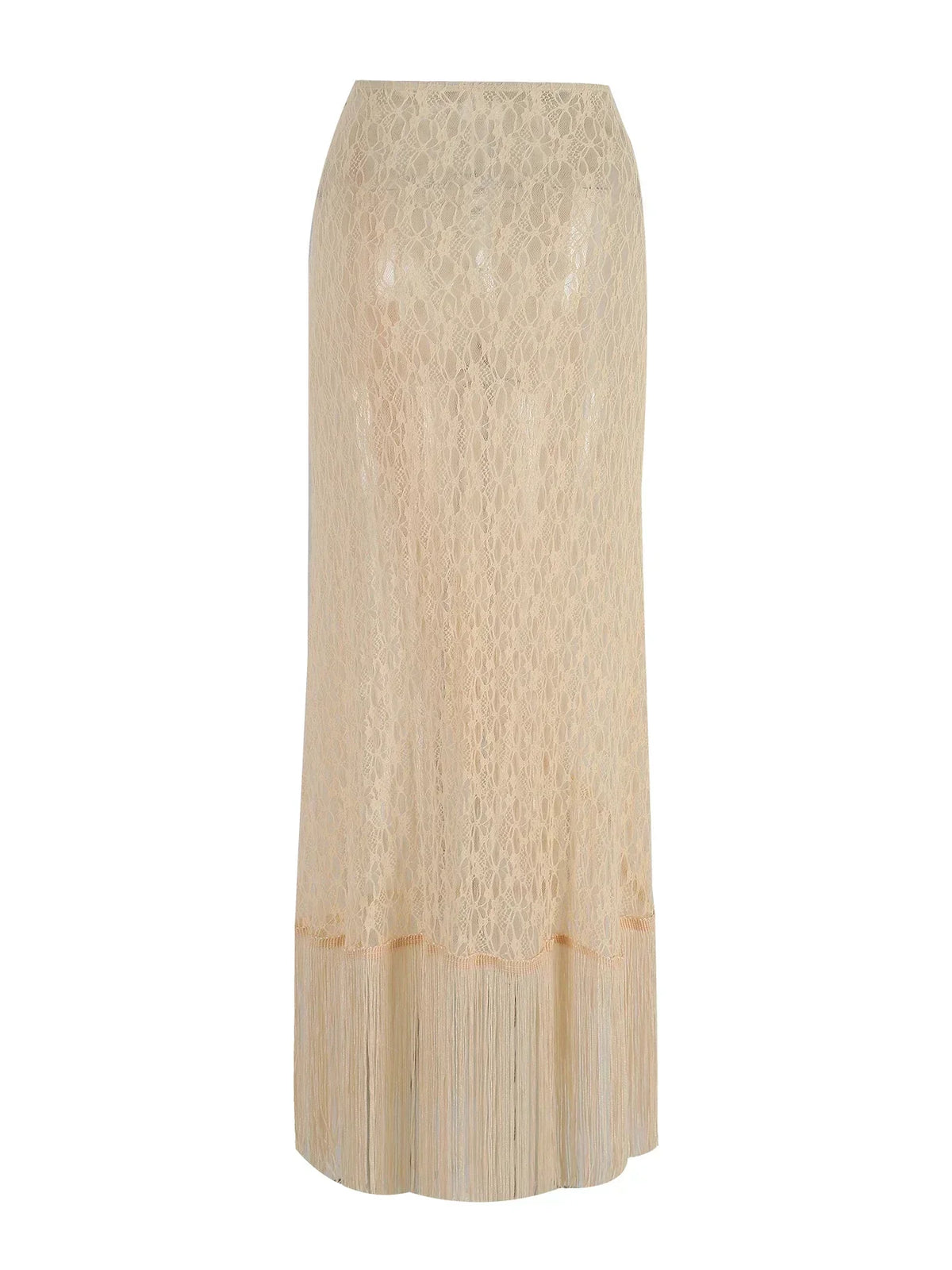 Crochet Knit Deep V-Neck Waist Cut Out Fringe High Split Maxi Dress - View 21