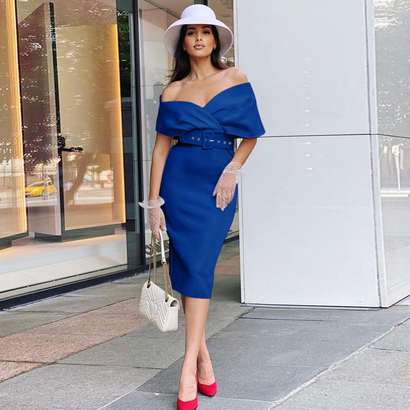 Satin Deep V-Neck Batwing Sleeve Belted Bodycon Midi Dress 33