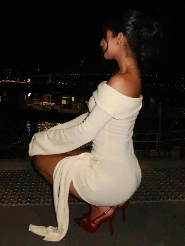 Off Shoulder Long Sleeve Ribbed Knit Side Tie Bodycon Mini Dress - View 3