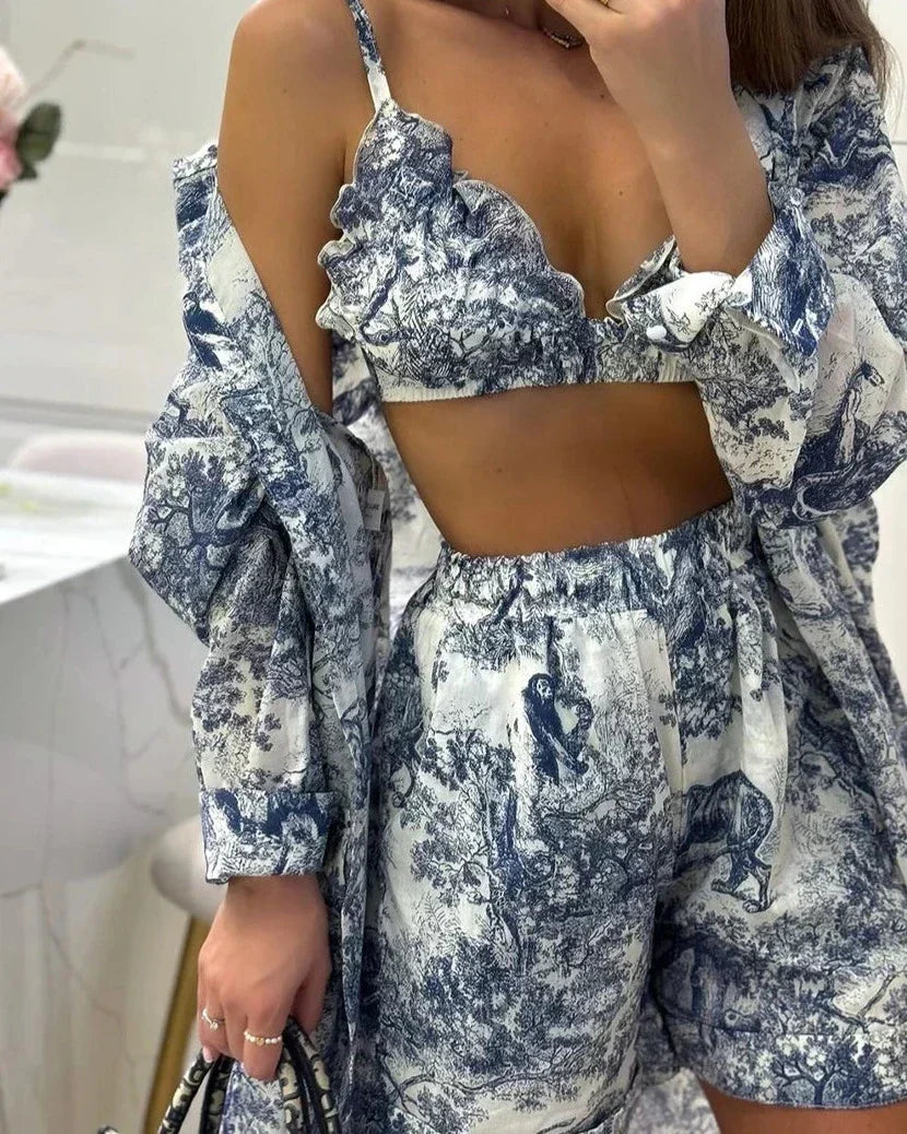Toile Print Cami Shirt and Shorts Three Piece Set 4