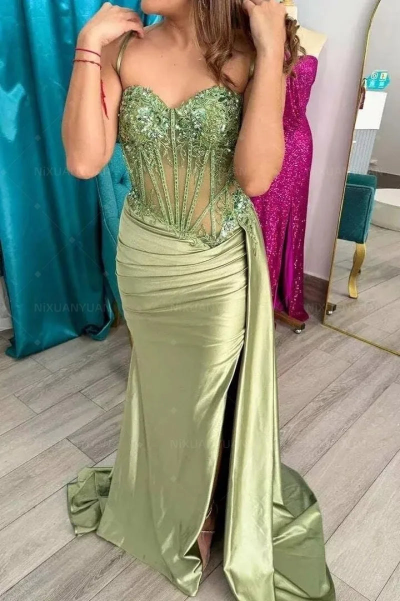 Sequin Spaghetti Strap Corset High Split Satin Mermaid Gown - View 3