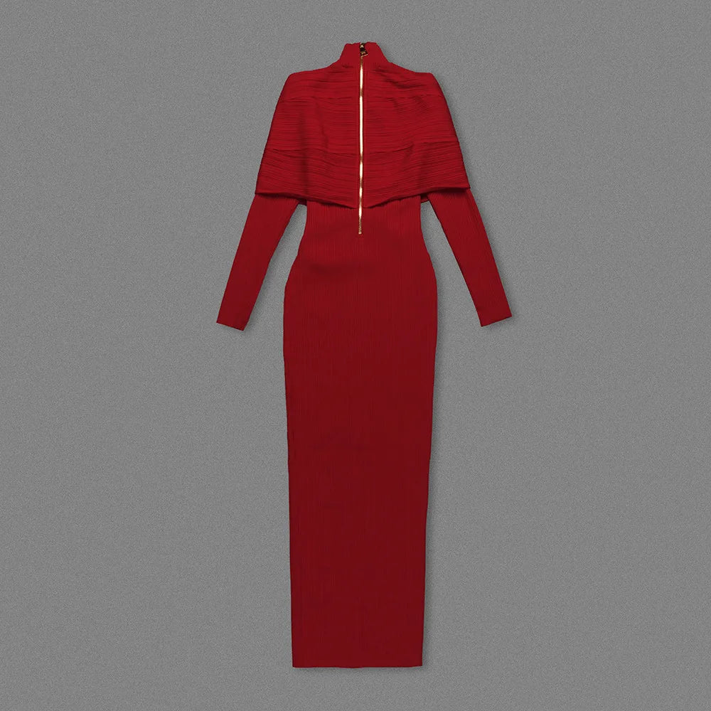 Ribbed Knit High Neck Long Sleeve Cross Wrap Bodycon Maxi Dress - View 7