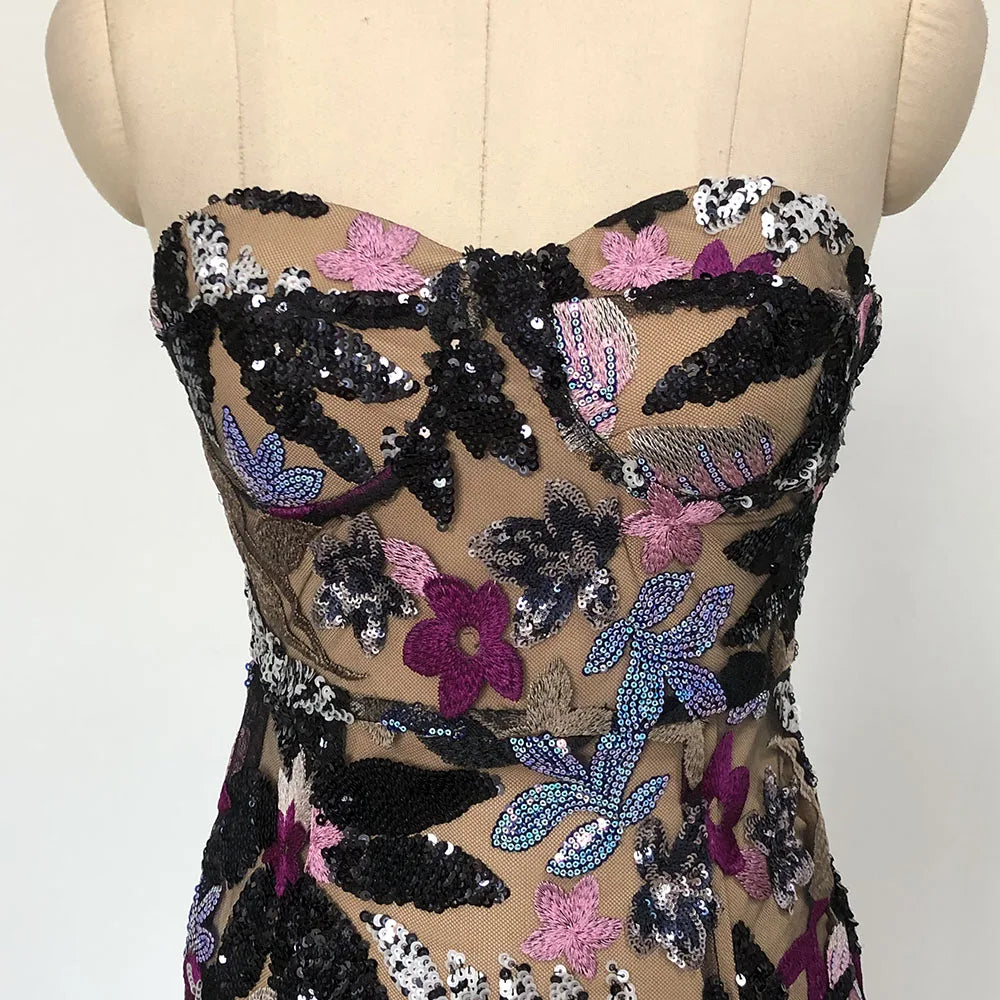 Sequin Floral Strapless Sweetheart Bodycon Maxi Dress - View 7