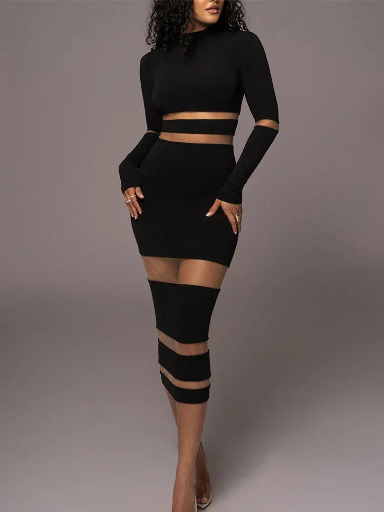 Mesh Panel Mock Neck Elbow Cut Out Long Sleeve Bodycon Midi Dress - View 7