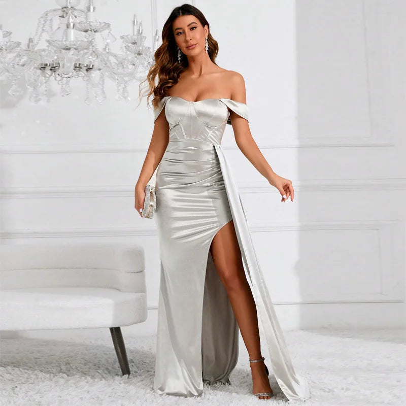 Off Shoulder Satin Mermaid Maxi Dress - View 8