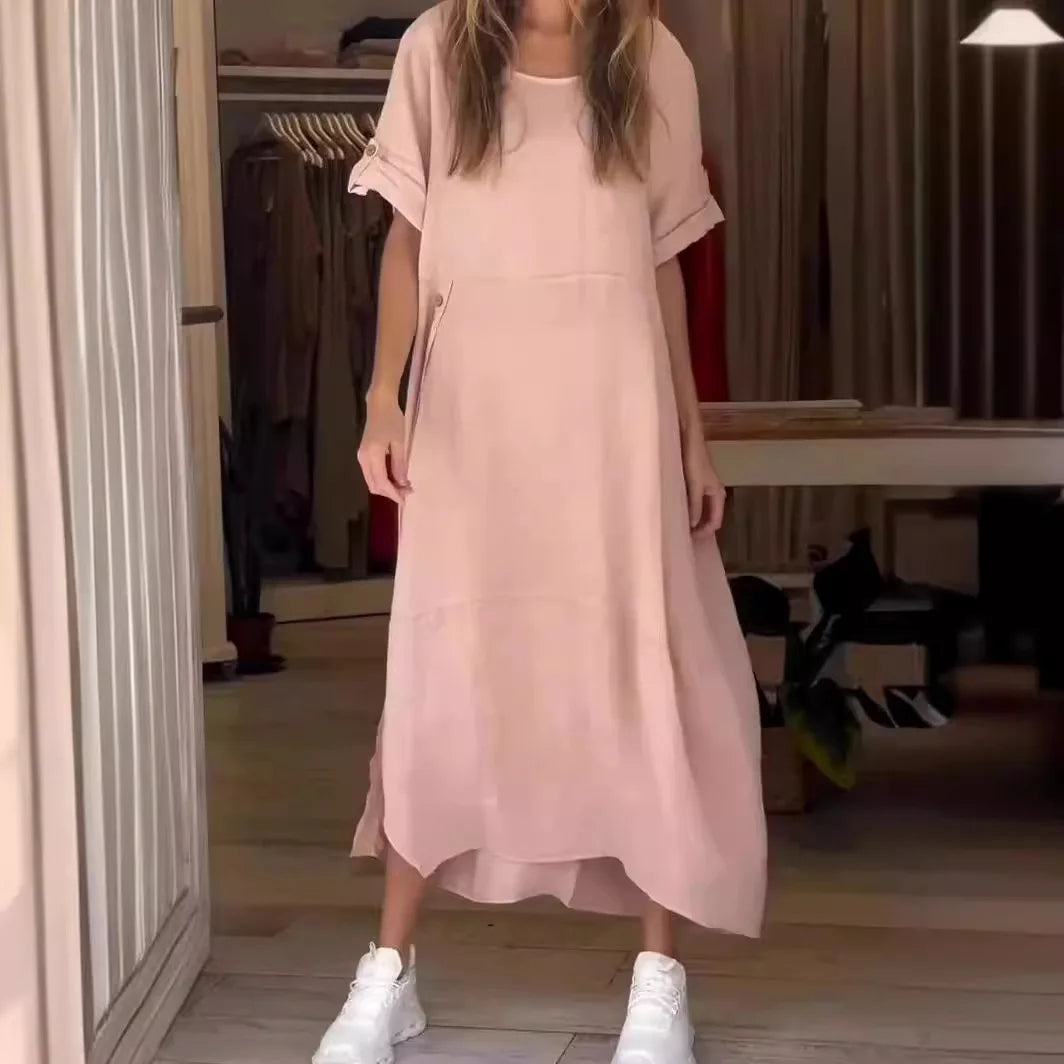 V-Neck Roll Tab Sleeve Pocket Oversized Maxi Dress 9